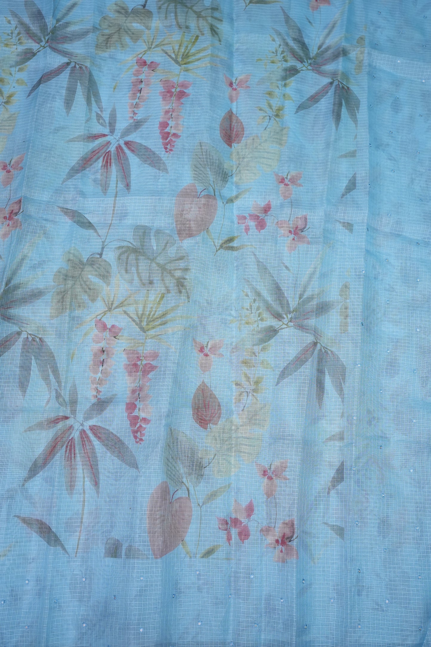 Kota Checks Saree with Floral Digital Print – Ice Blue