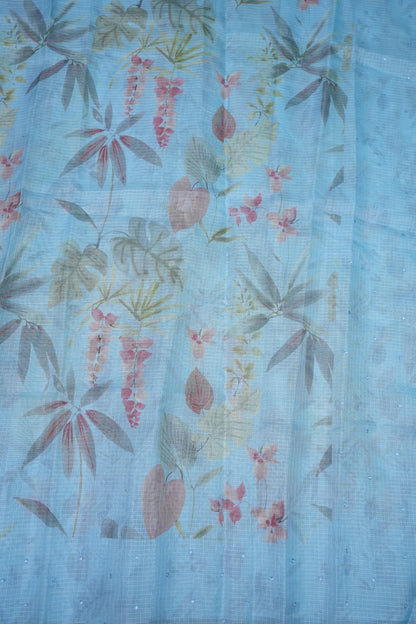 Kota Checks Saree with Floral Digital Print – Ice Blue