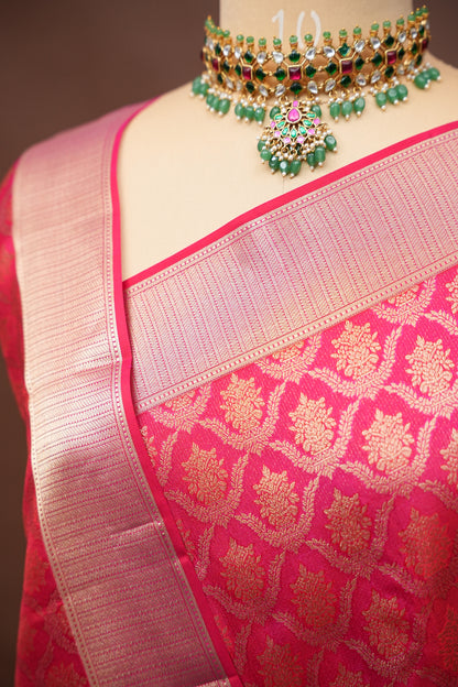 Hot Pink & Soft Gold Zari Pure Kanchipuram Brocade Silk Saree|Silk Mark Certified