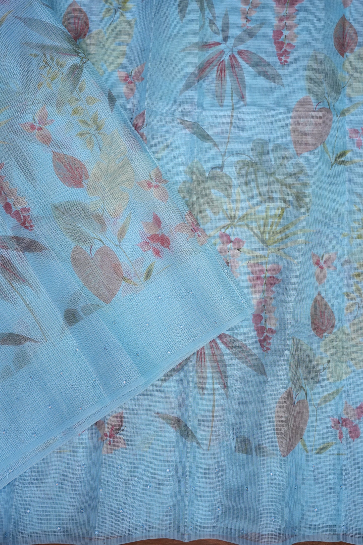 Kota Checks Saree with Floral Digital Print – Ice Blue