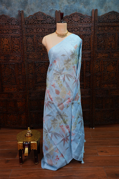 Kota Checks Saree with Floral Digital Print – Ice Blue