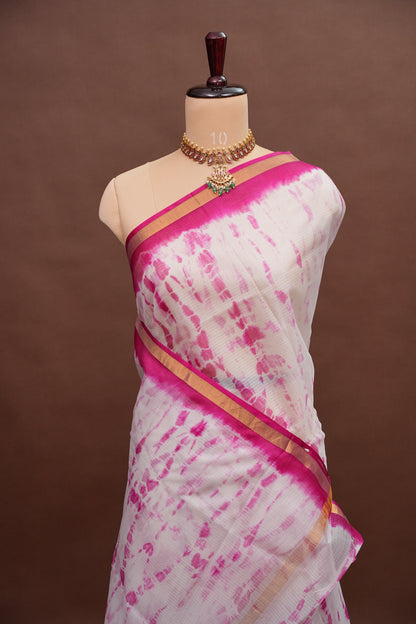 Silk Kota Shibori Tie & Dye Saree - Pink & White