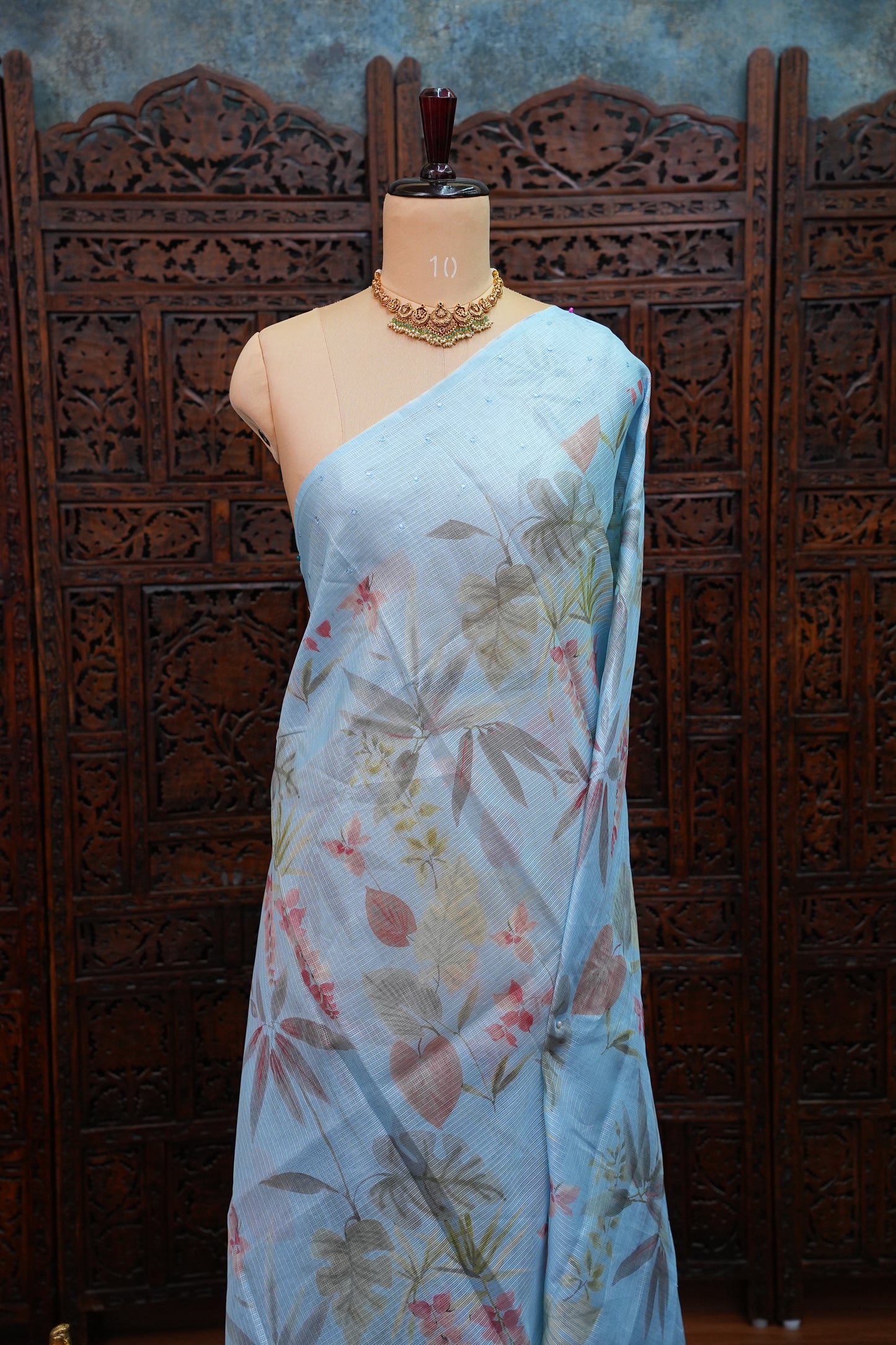Kota Checks Saree with Floral Digital Print – Ice Blue