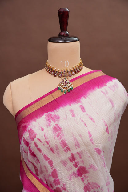 Silk Kota Shibori Tie & Dye Saree - Pink & White