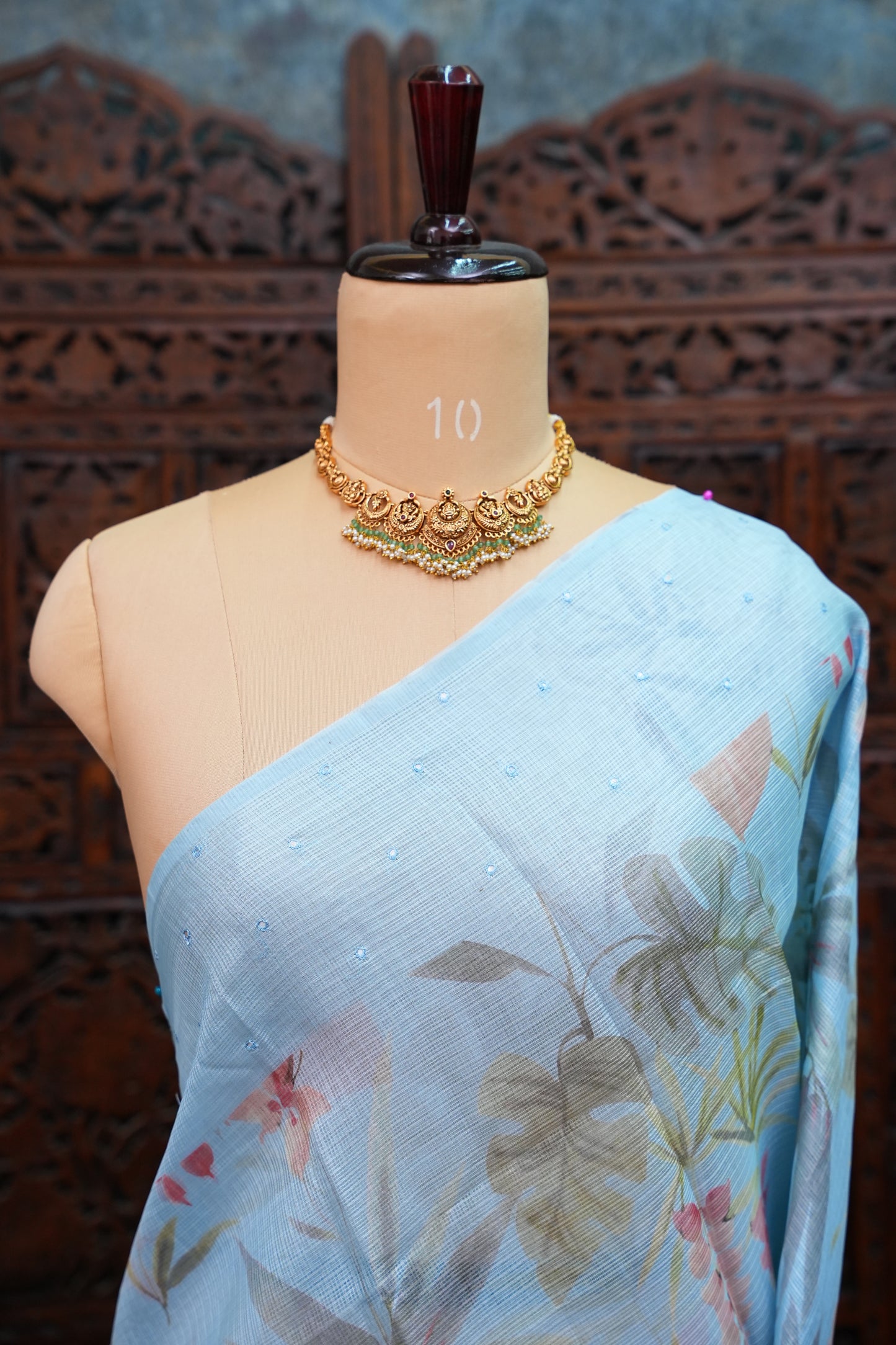 Kota Checks Saree with Floral Digital Print – Ice Blue