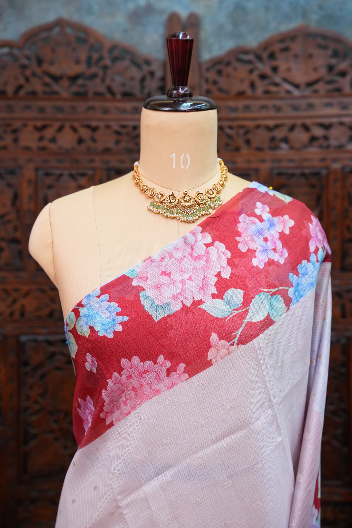 Kota Checks Saree with Hydrangea Floral Print – Lavender & Red
