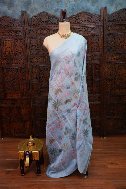 Kota Checks Saree with Botanical Digital Print – Ice Blue