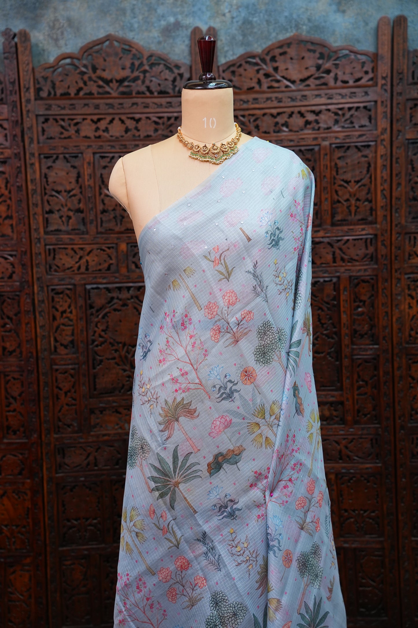 Kota Checks Saree with Botanical Digital Print – Ice Blue