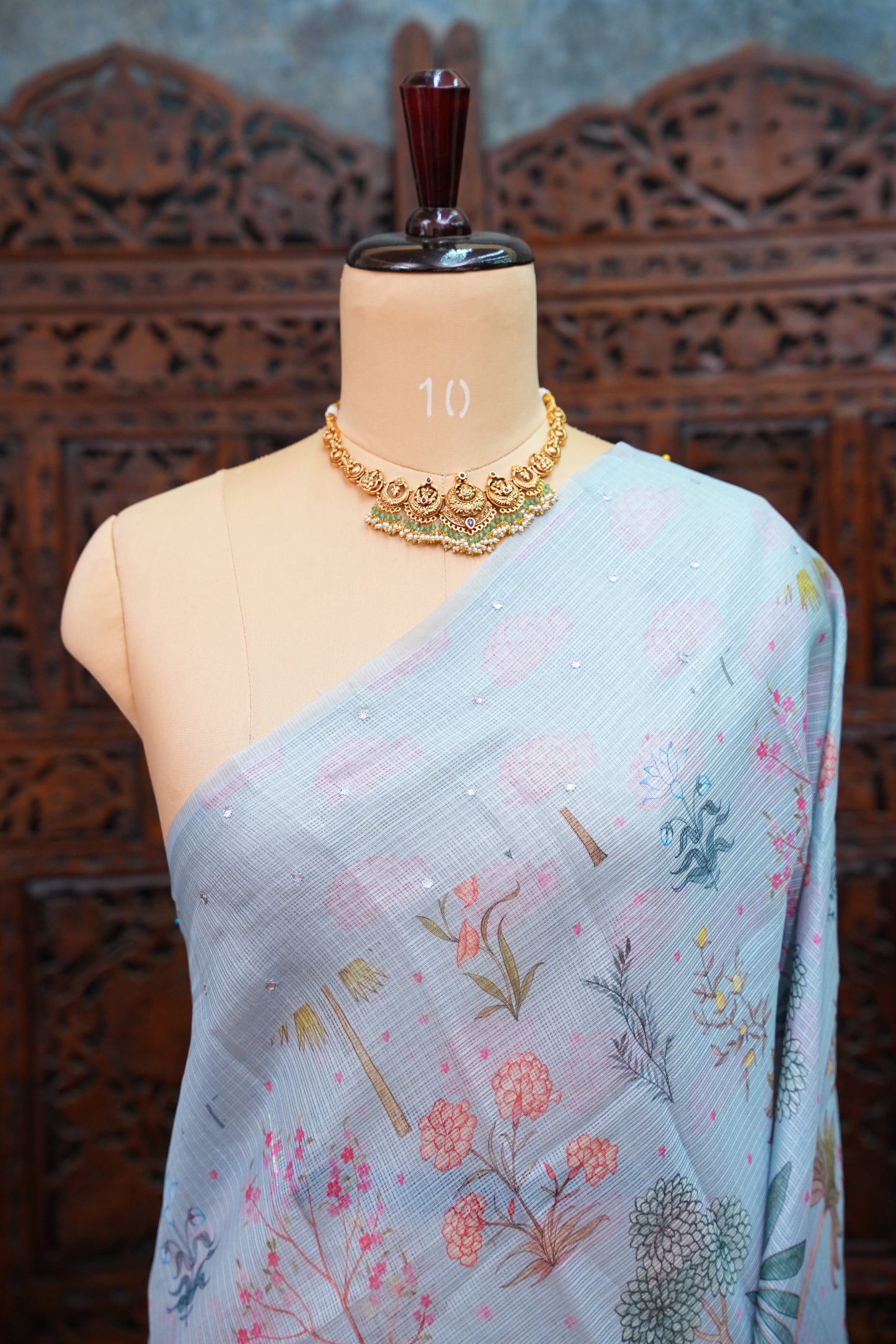 Kota Checks Saree with Botanical Digital Print – Ice Blue