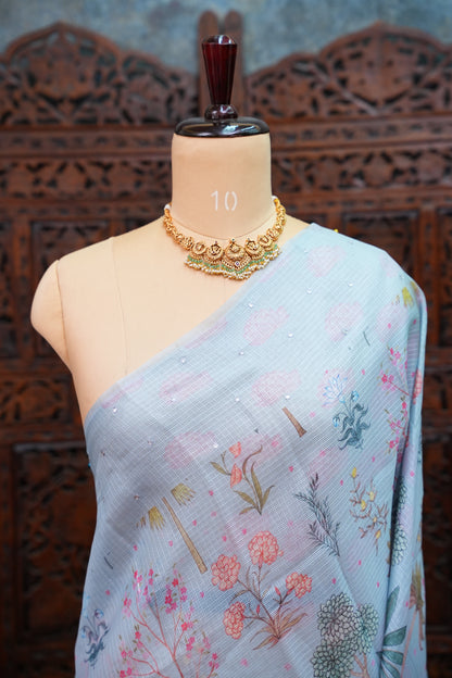 Kota Checks Saree with Botanical Digital Print – Ice Blue