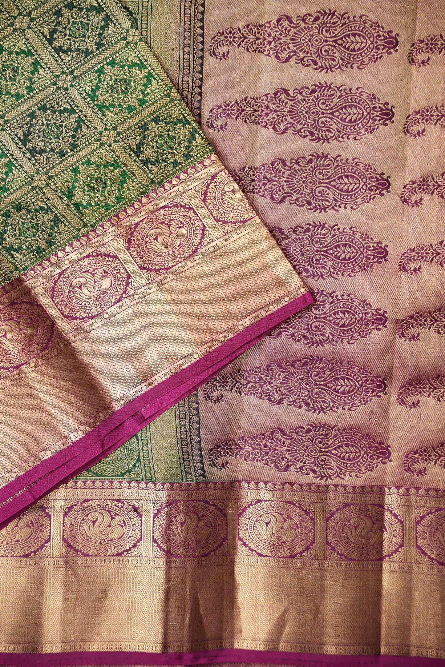 Bottle Green & Magenta Pure Kanchipuram Silk Saree|Silk Mark Certified