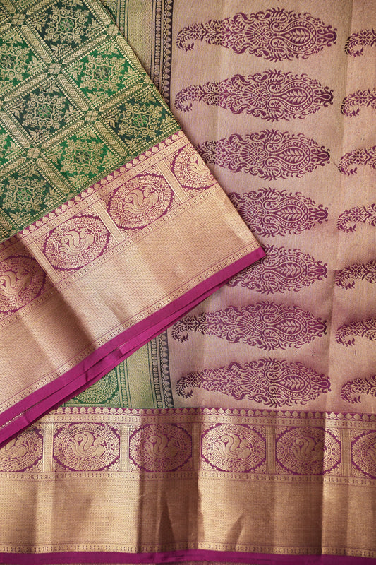 Bottle Green & Magenta Pure Kanchipuram Silk Saree|Silk Mark Certified