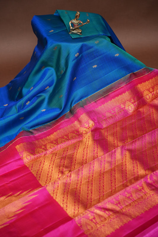 Dual Tone Blue & Pink Pure Kanchipuram Silk Saree with Rich Zari Work | Silk Mark Certified