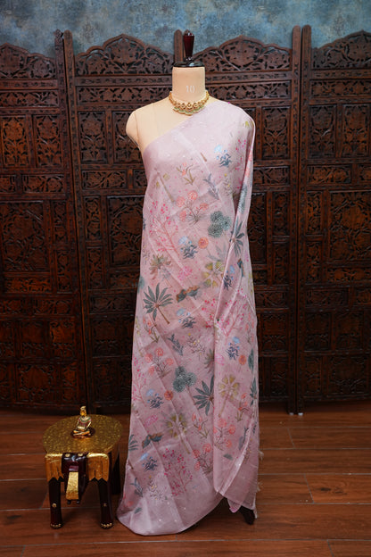 Kota Checks Saree with Botanical Digital Print – Blush Pink