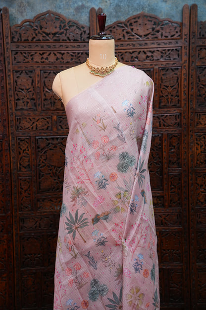Kota Checks Saree with Botanical Digital Print – Blush Pink