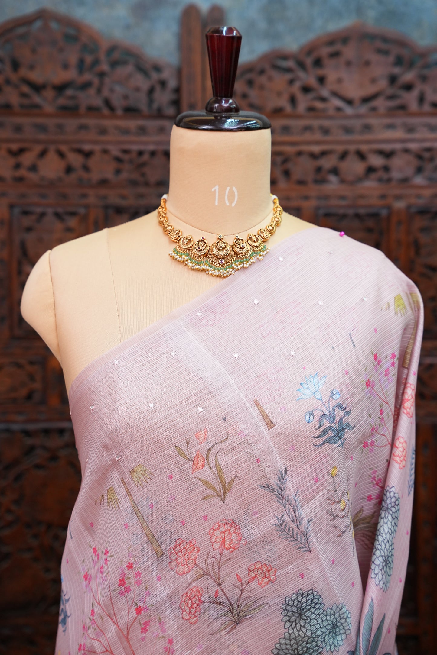 Kota Checks Saree with Botanical Digital Print – Blush Pink
