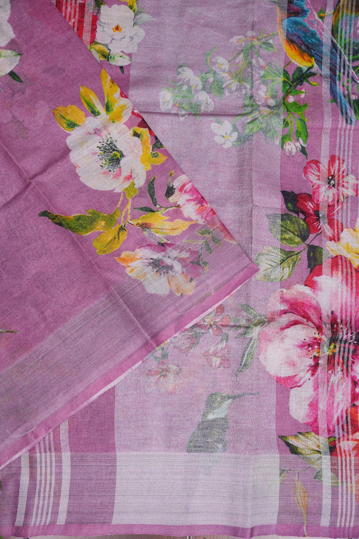 Digital Printed Pure Linen Saree - Pink
