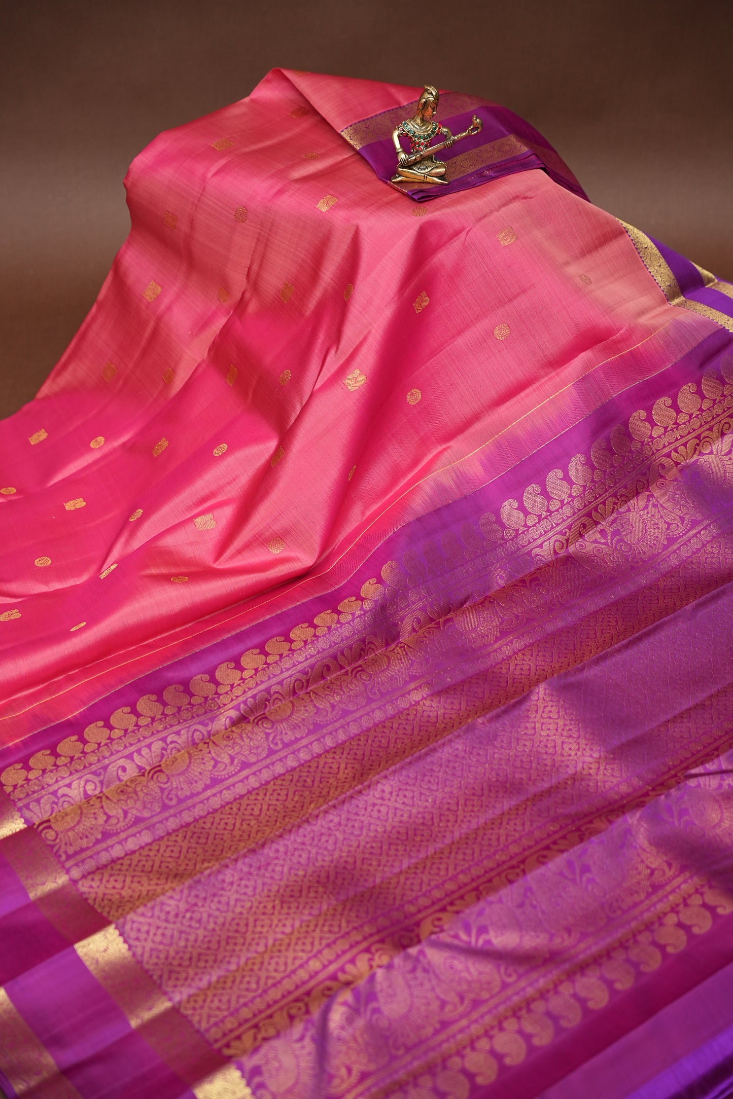 Peach & Magenta Pure Kanchipuram Silk Saree with Rich Zari Border|Silk Mark Certified