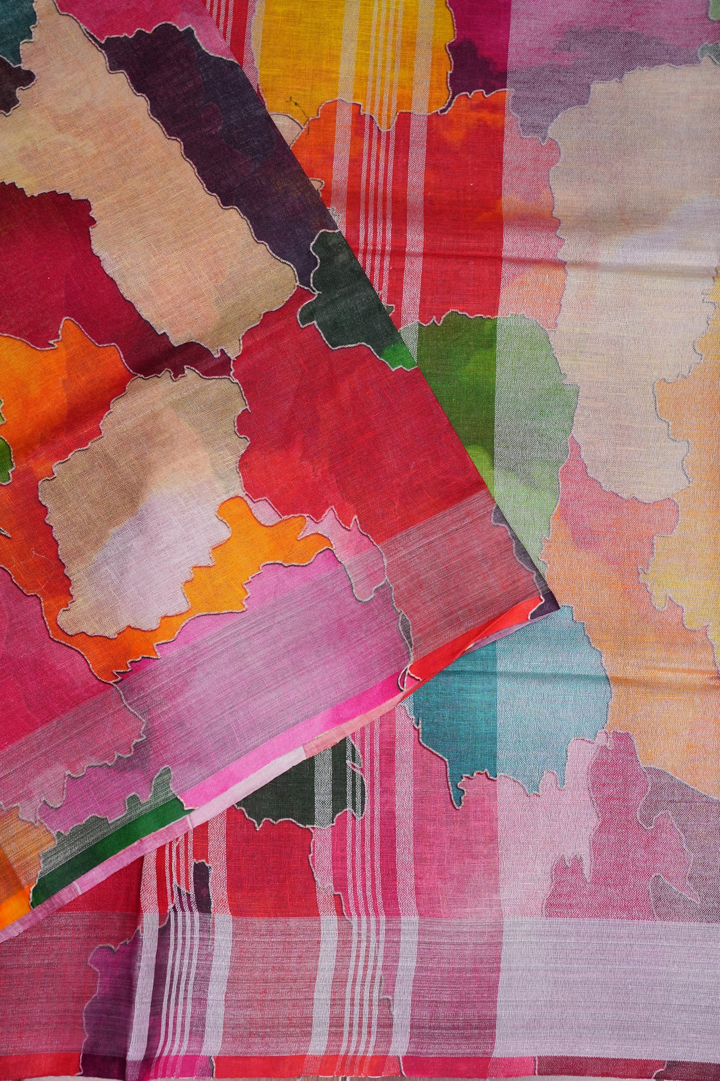 Digital Printed Pure Linen Saree - Multicolor
