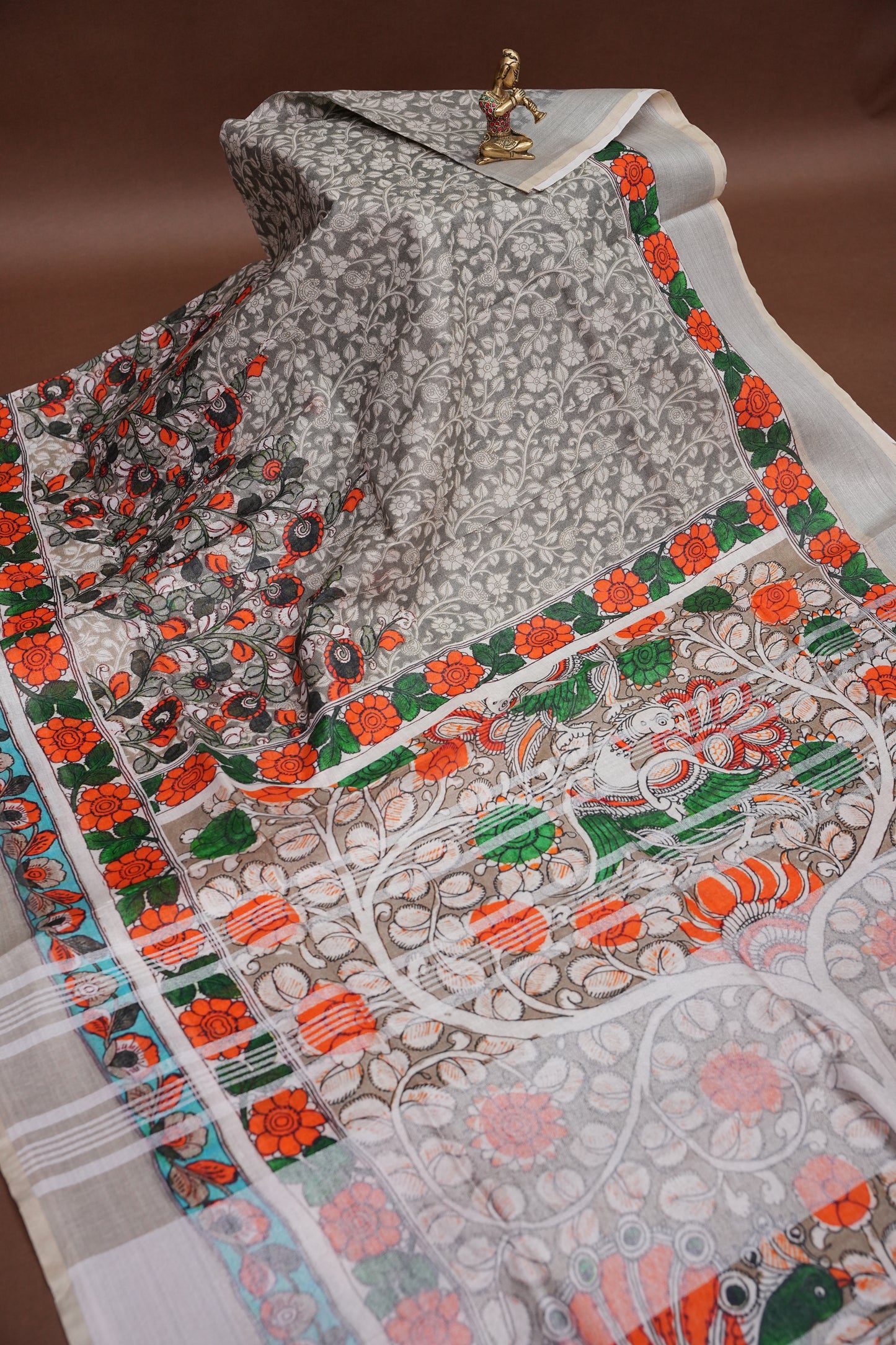 Digital Printed Pure Linen Saree - Half White