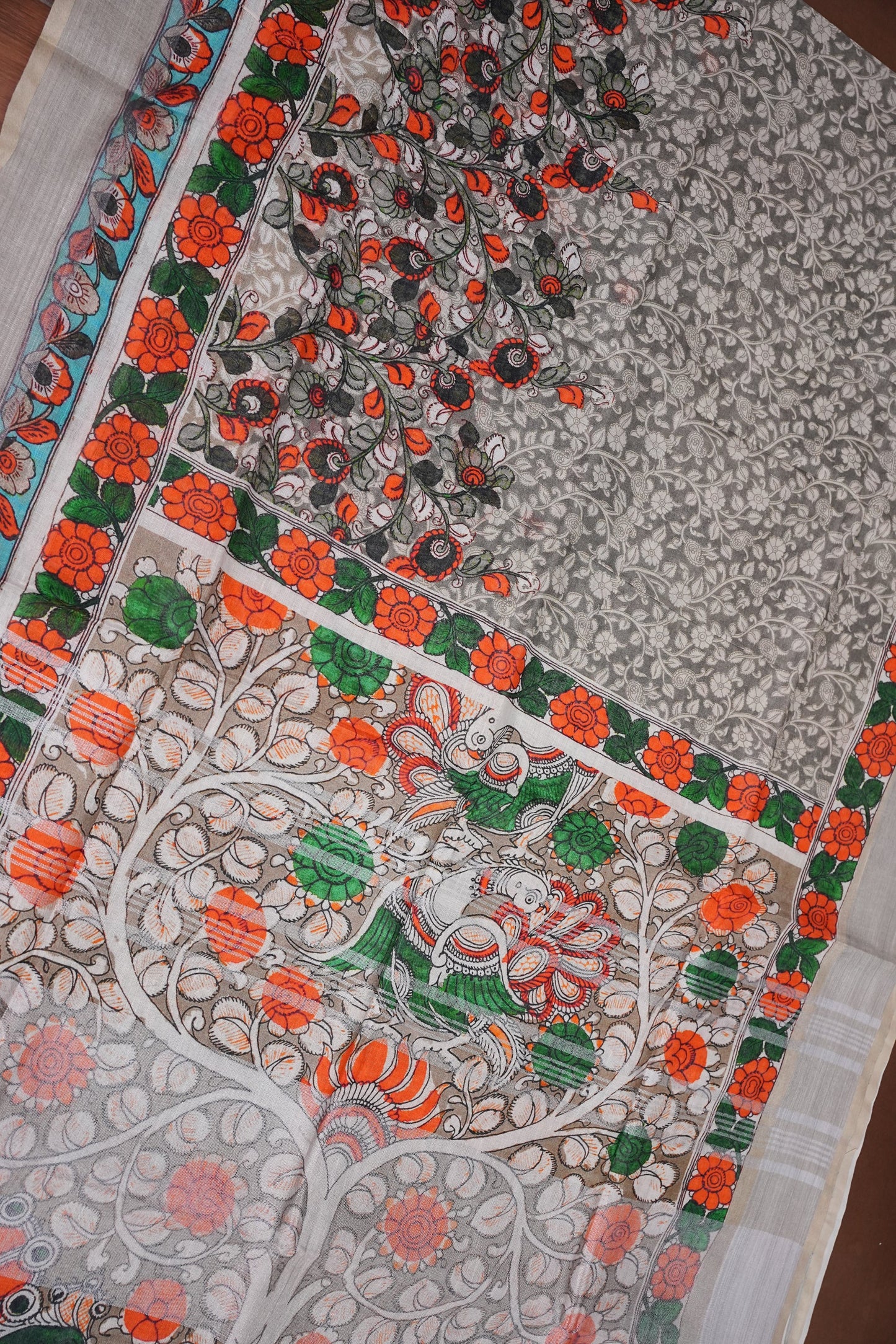Digital Printed Pure Linen Saree - Half White