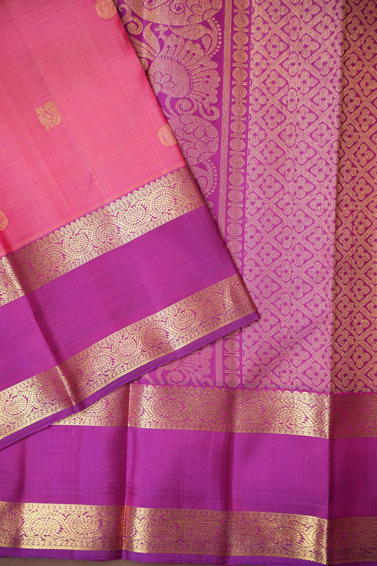 Peach & Magenta Pure Kanchipuram Silk Saree with Rich Zari Border|Silk Mark Certified