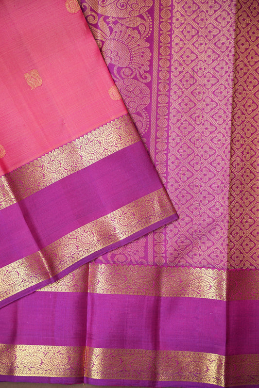 Peach & Magenta Pure Kanchipuram Silk Saree with Rich Zari Border|Silk Mark Certified