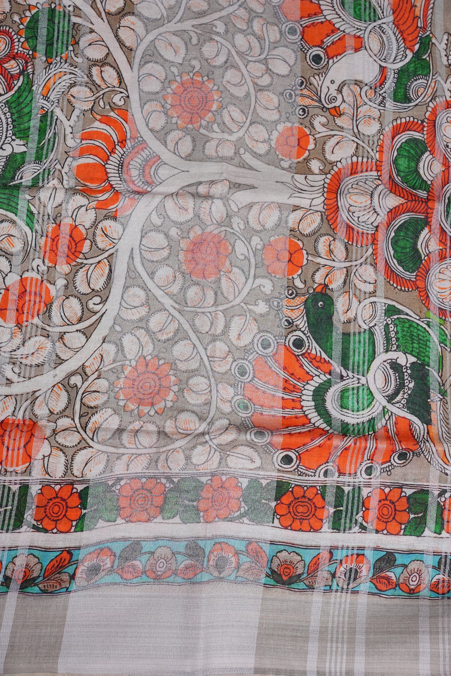 Digital Printed Pure Linen Saree - Half White