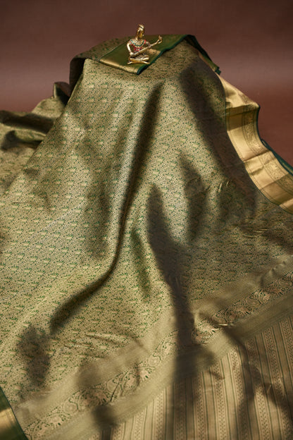 Olive Green Pure Kanchipuram Silk Saree with Brocade Zari Weaving | Silk Mark Certified