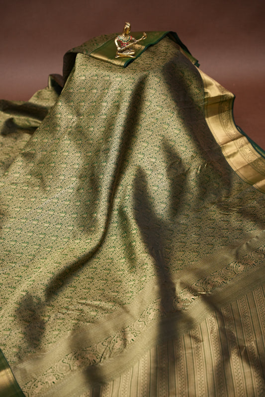 Olive Green Pure Kanchipuram Silk Saree with Brocade Zari Weaving | Silk Mark Certified