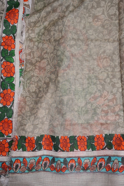 Digital Printed Pure Linen Saree - Half White