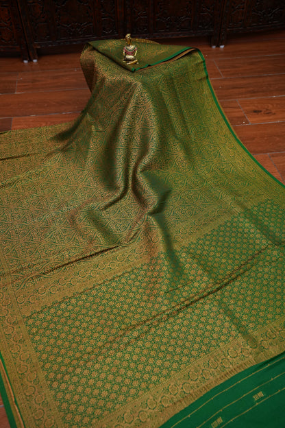 Soft Banarasi Semi Silk Saree with Full Brocade Body – Green & Antique Gold
