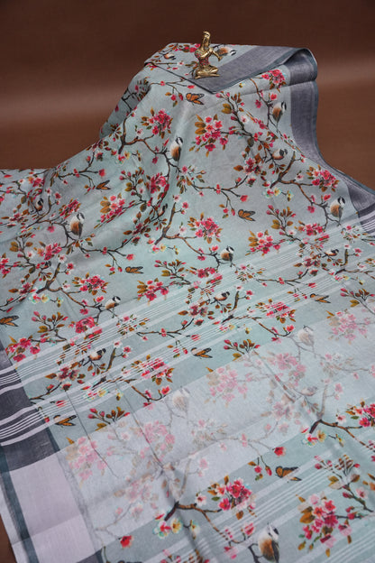 Digital Printed Pure Linen Saree - Powder Blue