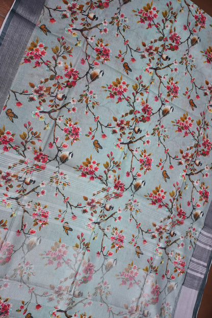 Digital Printed Pure Linen Saree - Powder Blue