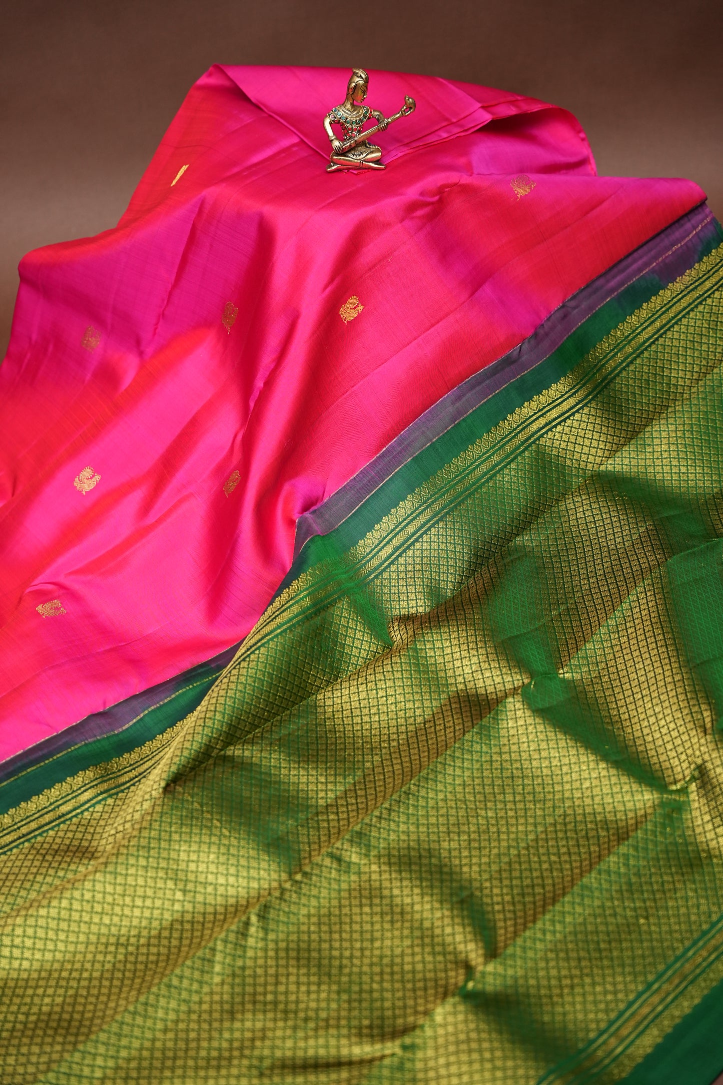 Rani Pink & Green Pure Kanchipuram Silk Saree with Zari Checks Pallu | Silk Mark Certified