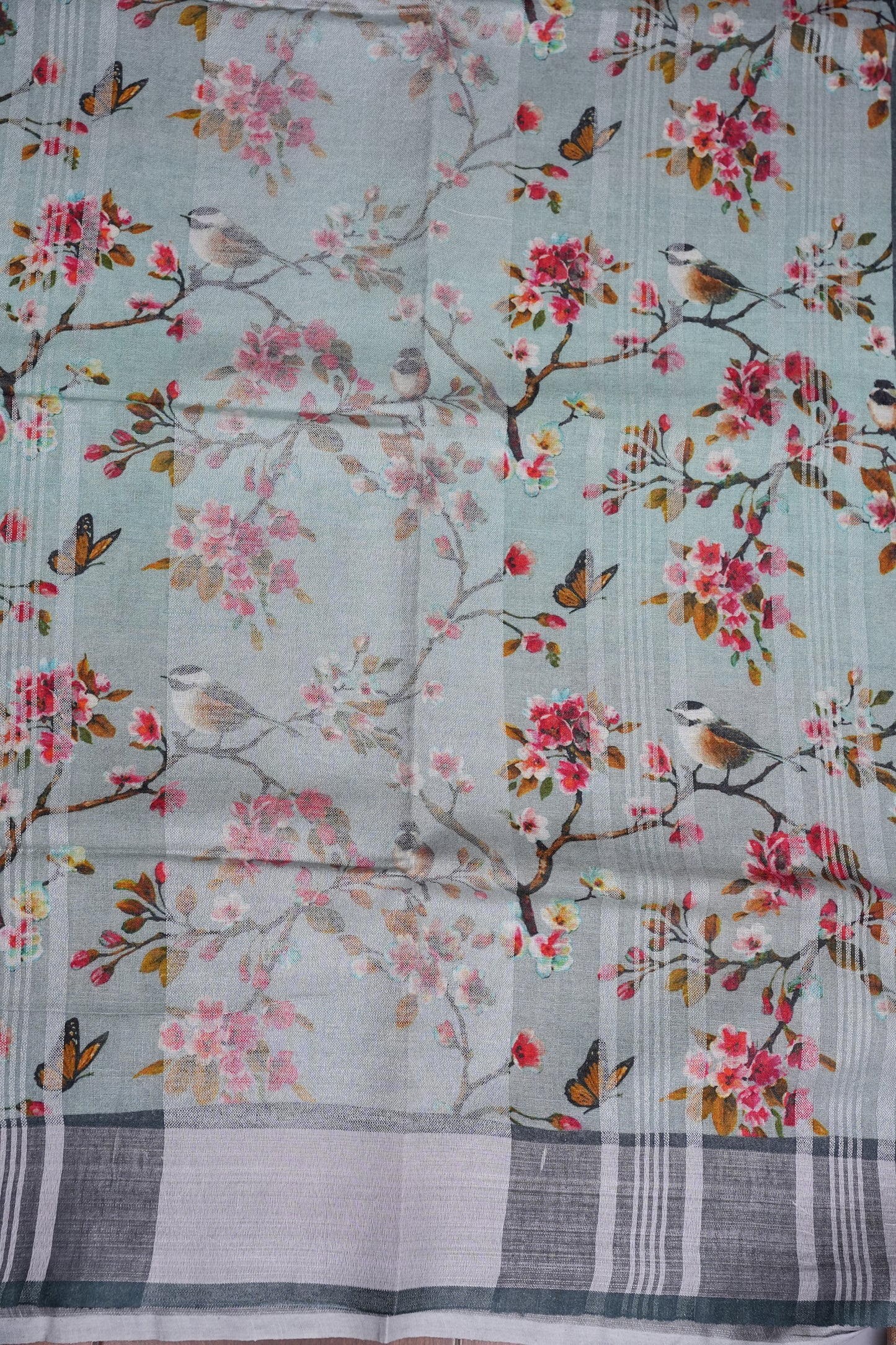 Digital Printed Pure Linen Saree - Powder Blue