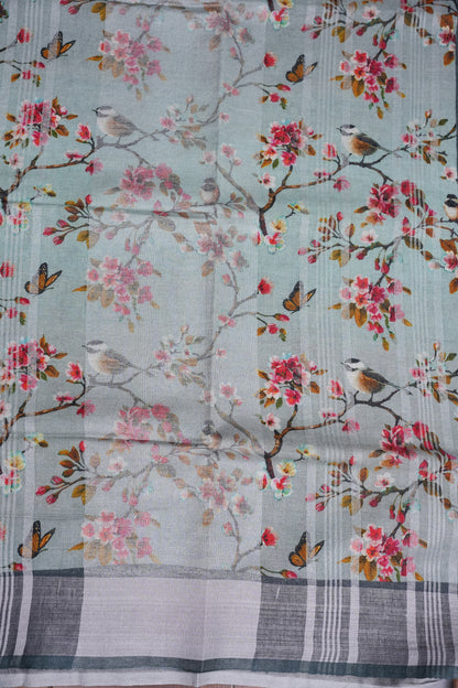 Digital Printed Pure Linen Saree - Powder Blue