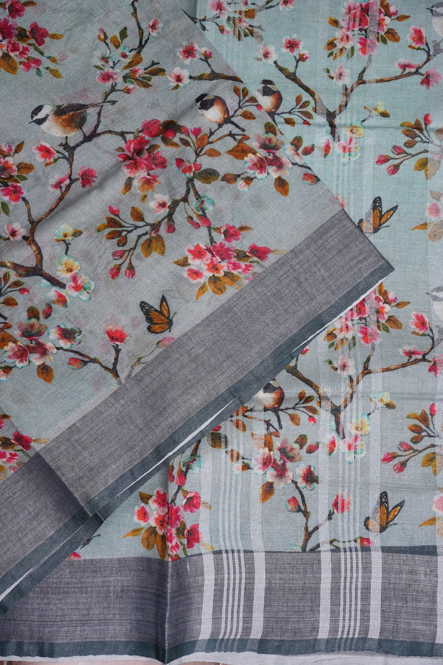 Digital Printed Pure Linen Saree - Powder Blue