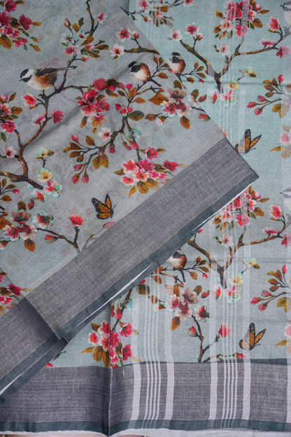Digital Printed Pure Linen Saree - Powder Blue