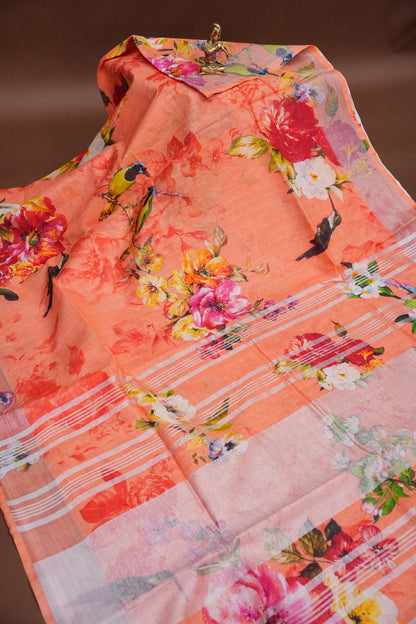 Digital Printed Pure Linen Saree - Light Orange