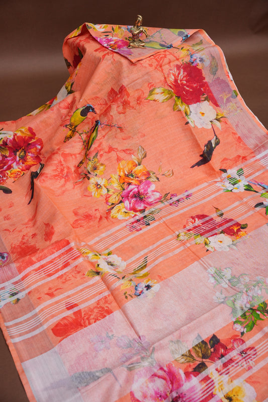 Digital Printed Pure Linen Saree - Light Orange