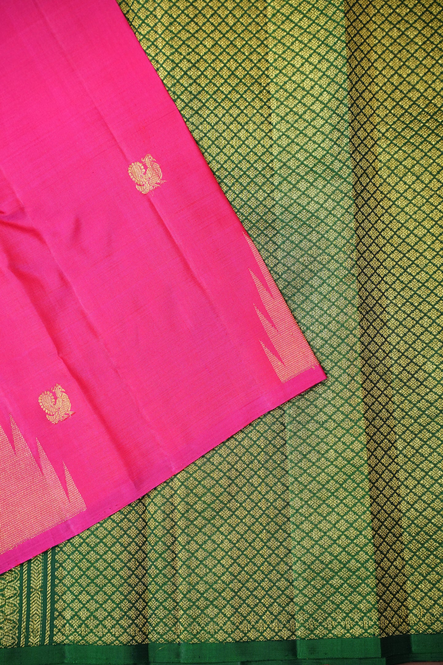 Rani Pink & Green Pure Kanchipuram Silk Saree with Zari Checks Pallu | Silk Mark Certified