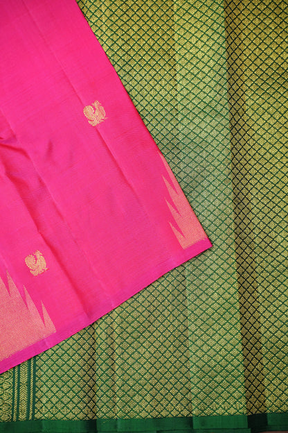 Rani Pink & Green Pure Kanchipuram Silk Saree with Zari Checks Pallu | Silk Mark Certified
