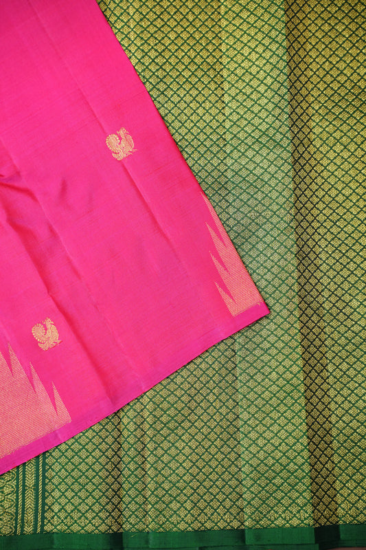 Rani Pink & Green Pure Kanchipuram Silk Saree with Zari Checks Pallu | Silk Mark Certified
