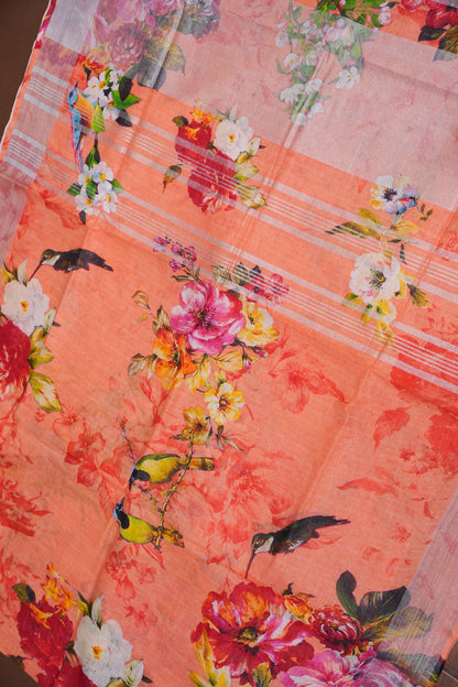 Digital Printed Pure Linen Saree - Light Orange