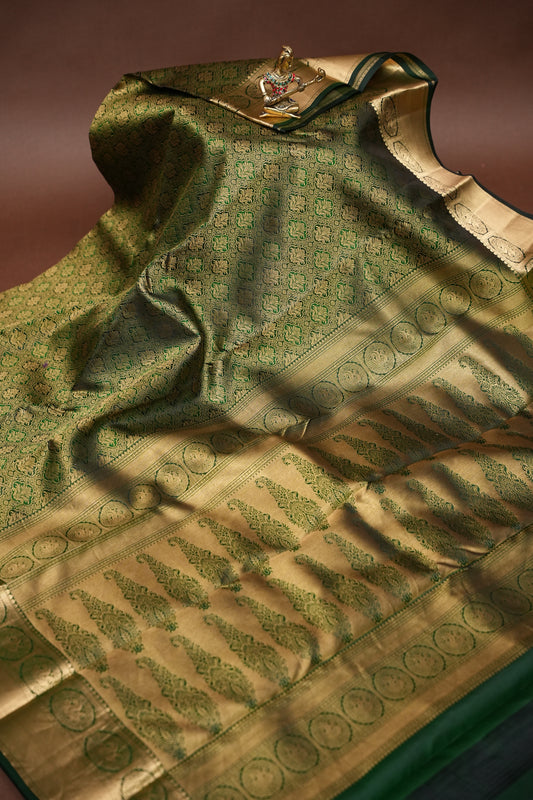 Green Pure Kanchipuram Silk Saree with Antique Gold Zari Weaving | Silk Mark Certified