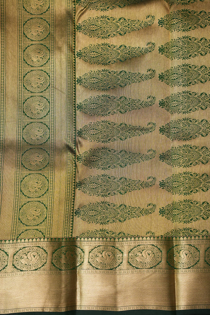 Green Pure Kanchipuram Silk Saree with Antique Gold Zari Weaving | Silk Mark Certified