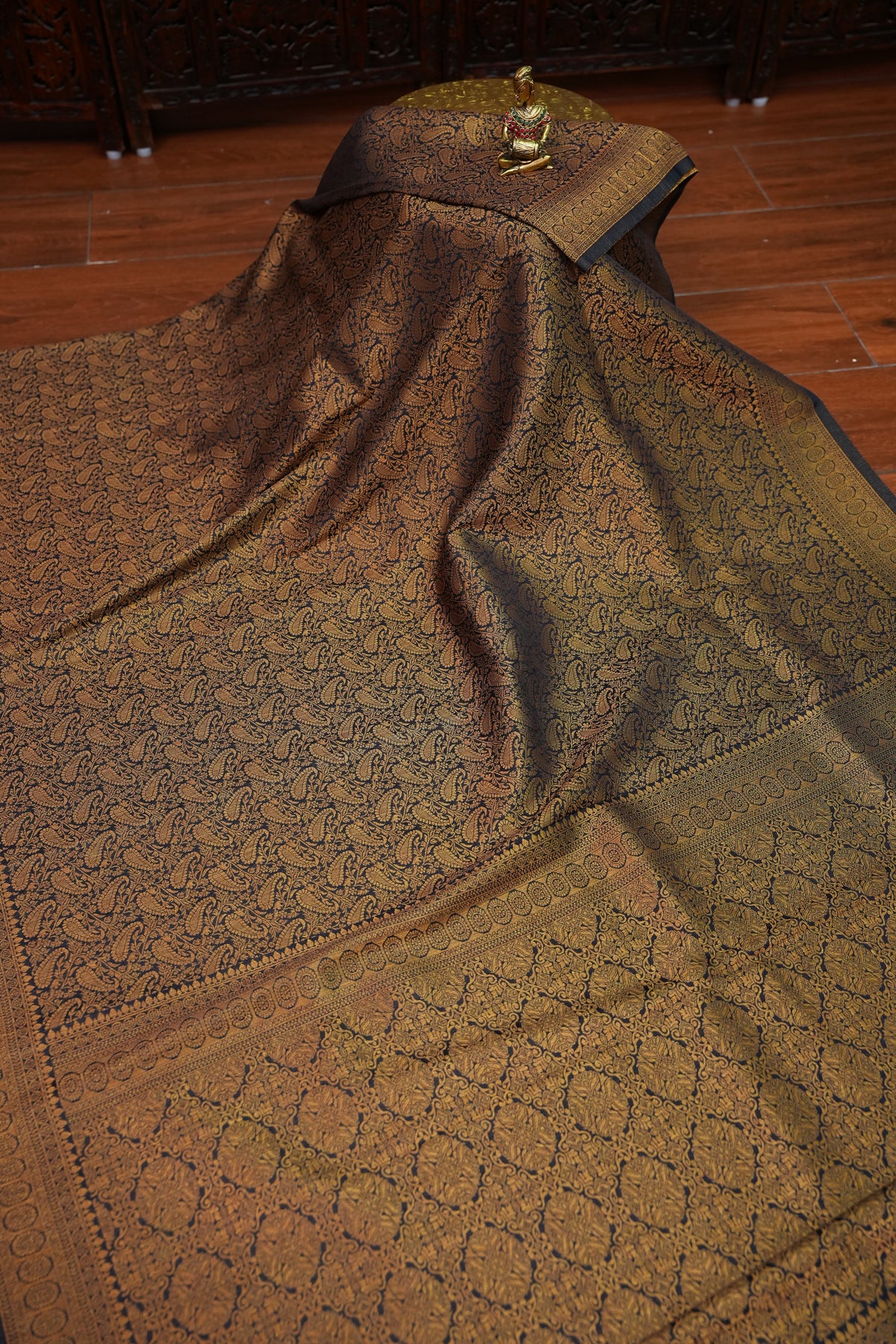 Soft Banarasi Semi Silk Saree with Full Brocade Body – Black & Antique Gold