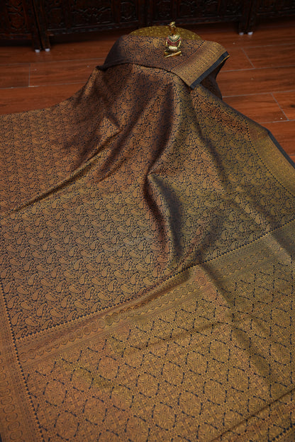 Soft Banarasi Semi Silk Saree with Full Brocade Body – Black & Antique Gold
