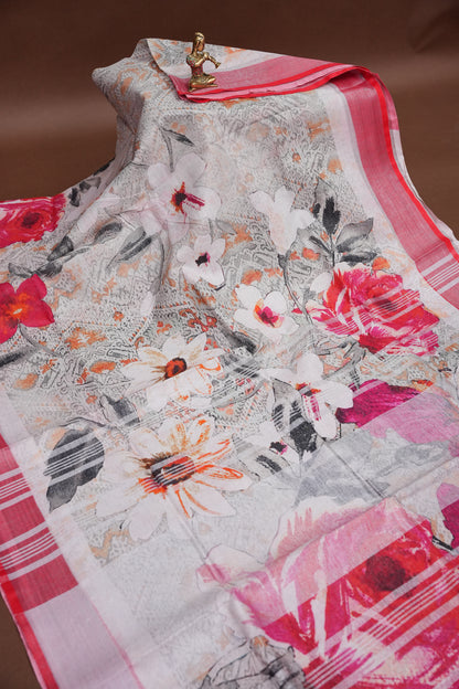 Digital Printed Pure Linen Saree - Half White